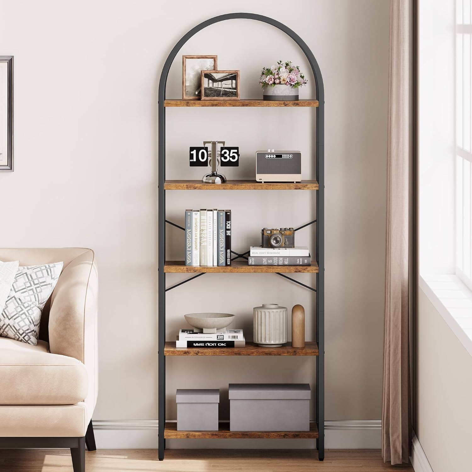 Babevy 5 Tier White Marble Arched Bookcase, Metal Frame, Warm Modern ...