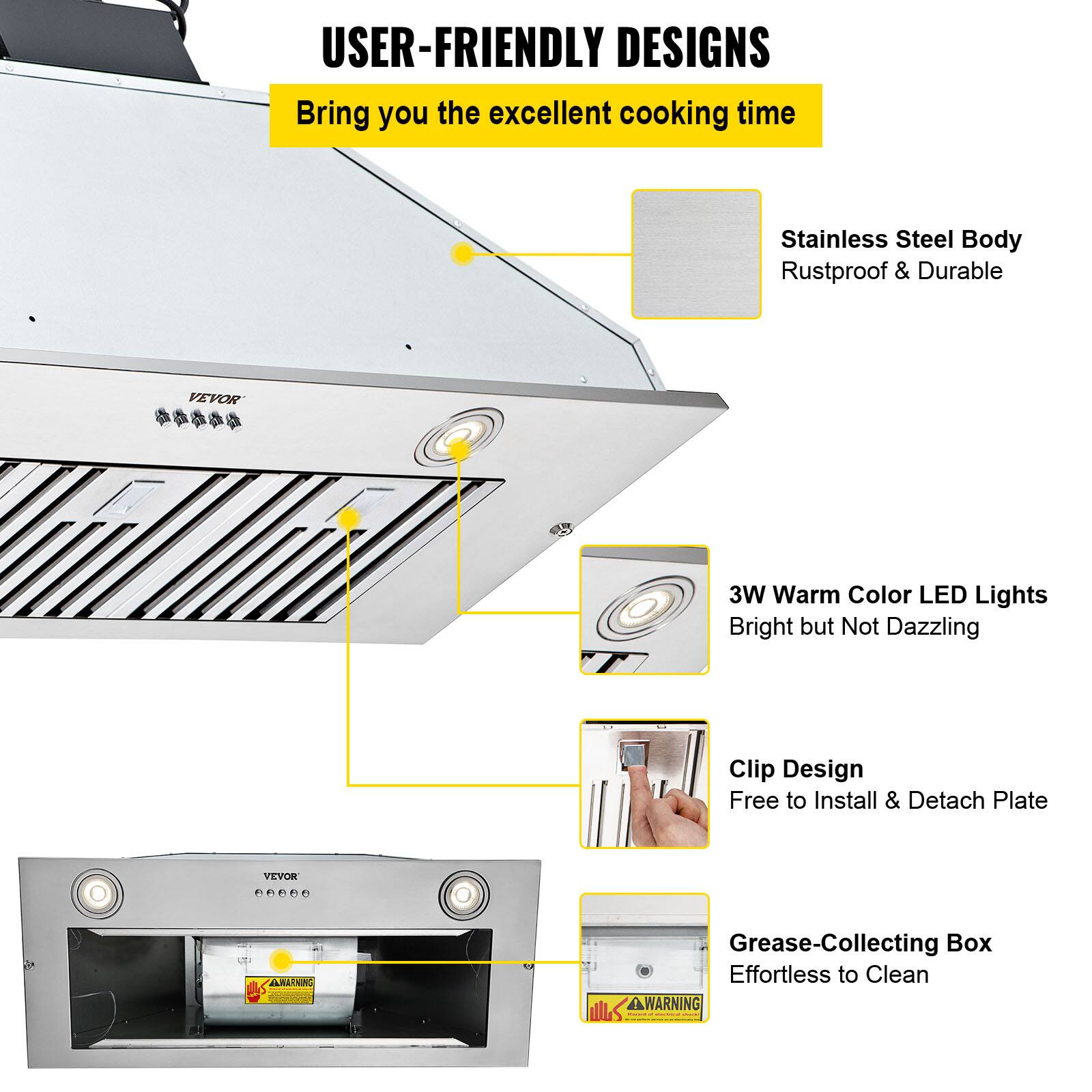 USER-FRIENDLY DESIGNS  
Bring you the excellent cooking time

Stainless Steel Body  
Rustproof & Durable

3W Warm Color LED Lights  
Bright but Not Dazzling

Clip Design  
Free to Install & Detach Plate

Grease-Collecting Box  
Effortless to Clean