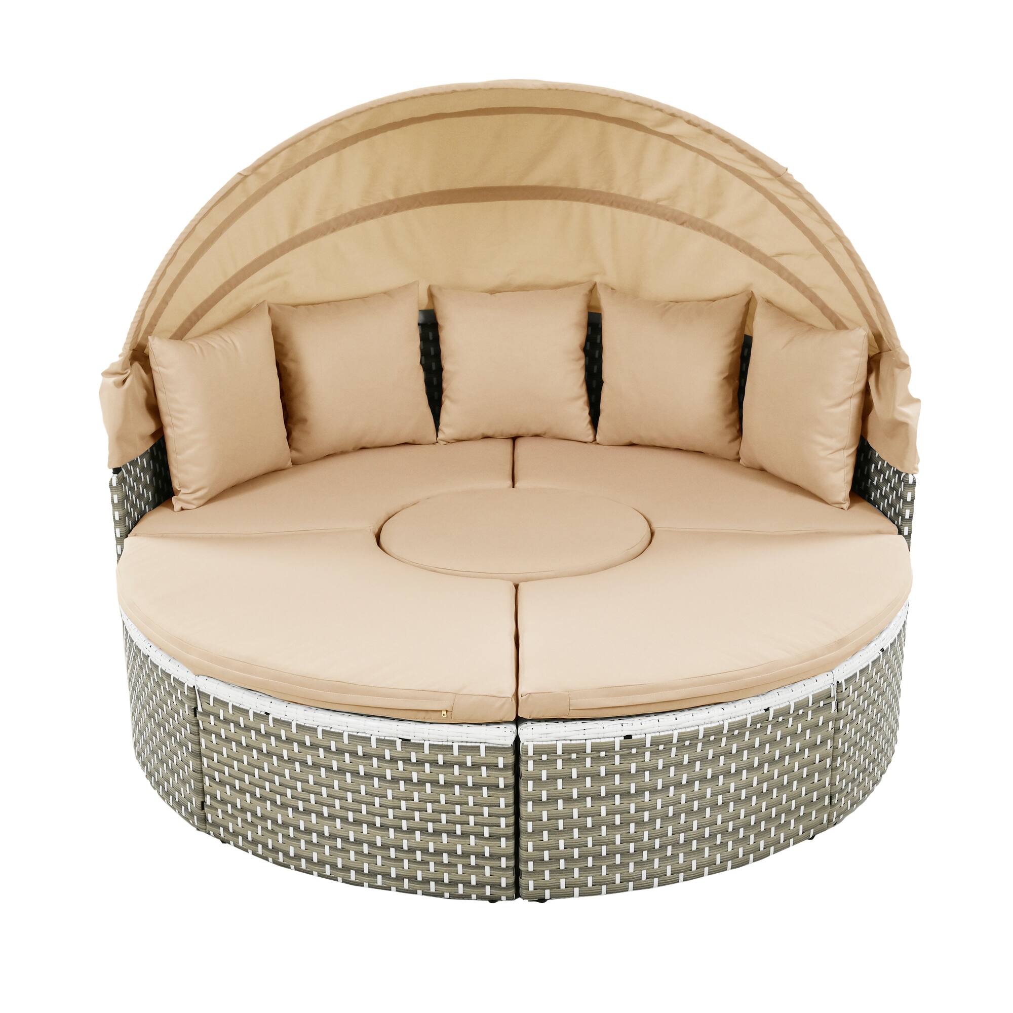 Back. Tiramisubest - Round Patio Sectional Rattan Daybed w/ Retractable Canopy,Two-Tone Weave,Separate Seating&Removable Cushion,Light Coffee - Light Coffee.