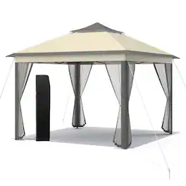 Costway - 11'x11' 2-Tier Pop-Up Gazebo Tent Portable Canopy Shelter Carry Bag Mesh - Brown