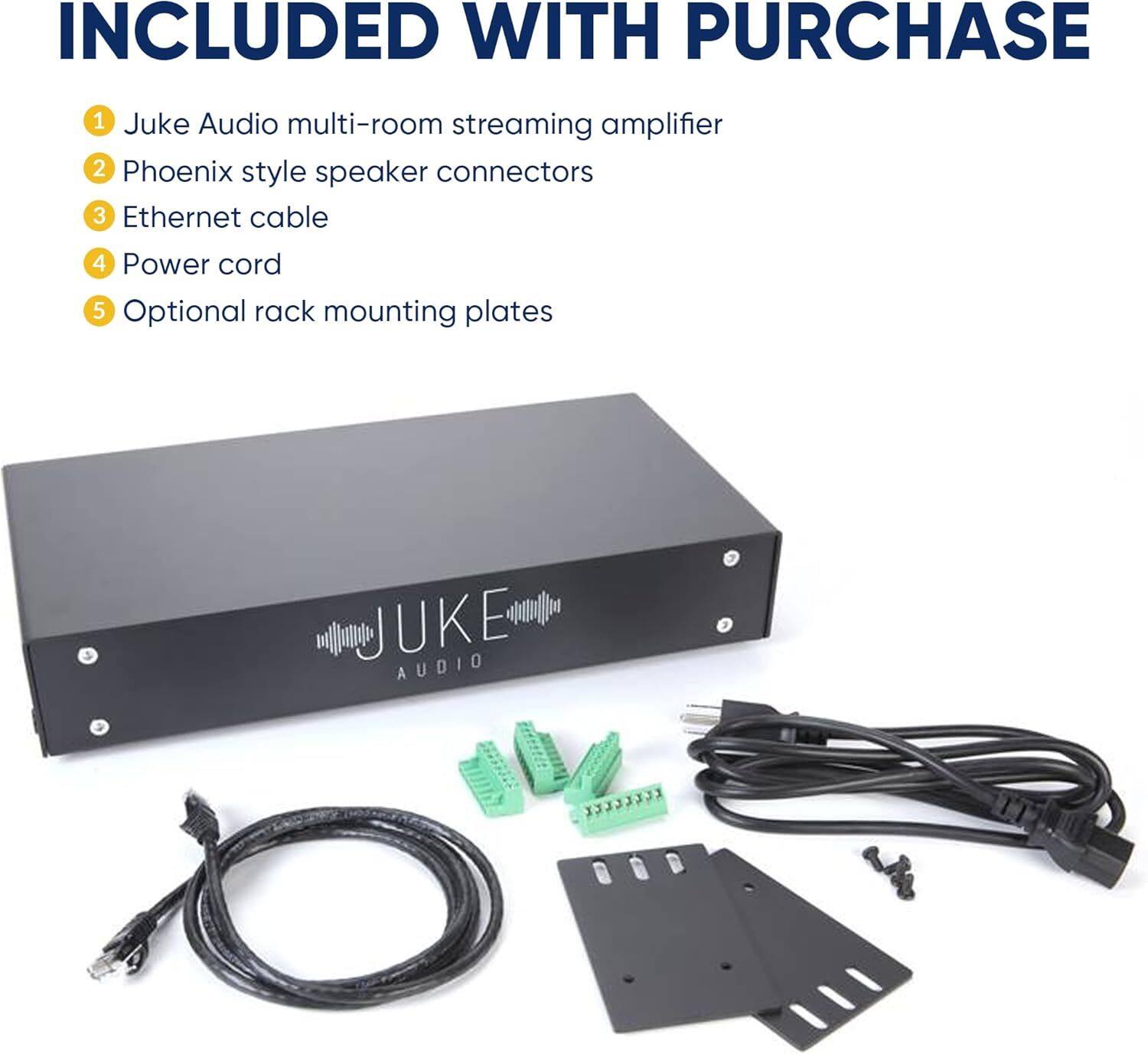 INCLUDED WITH PURCHASE

1. Juke Audio multi-room streaming amplifier
2. Phoenix style speaker connectors
3. Ethernet cable
4. Power cord
5. Optional rack mounting plates

JUKE AUDIO 13333331