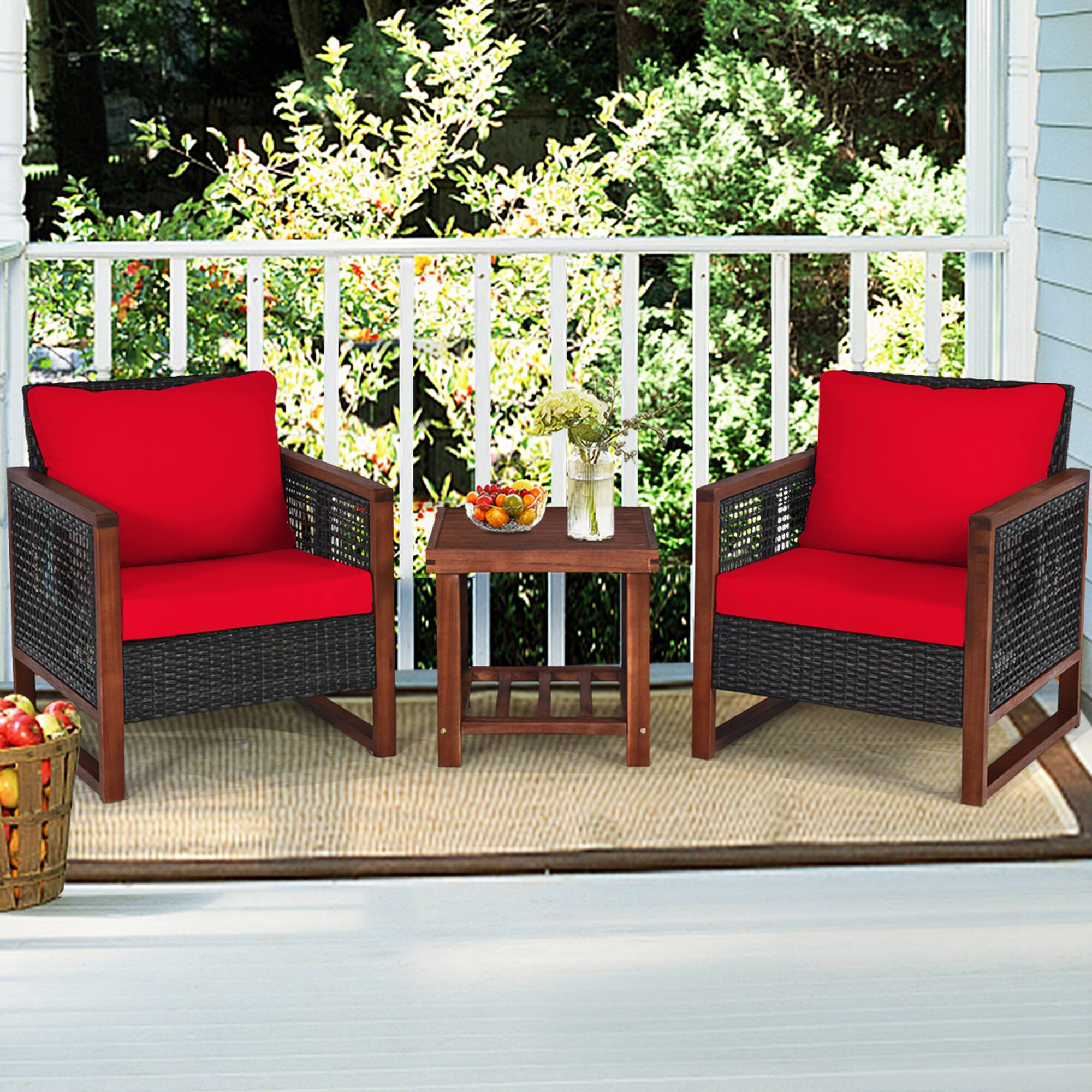 Alt View 3. Gymax - Gymax 3PCS Rattan Wicker Patio Conversation Set Outdoor Furniture Set w/ Red Cushion - Red.