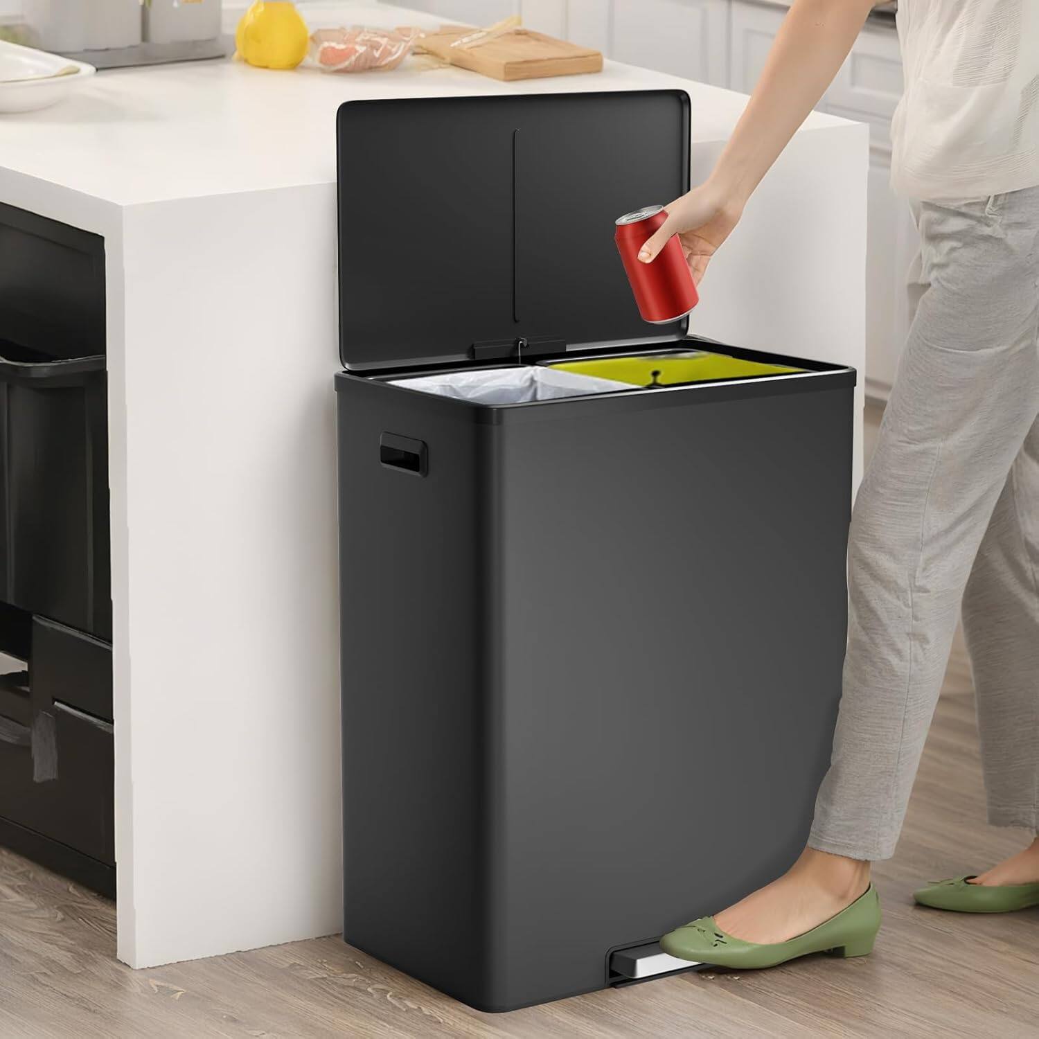 Qeetex - Kitchen Trash Can, 16 Gallon Dual Compartment Trash Bin, Stainless Steel Garbage Can with Foot Pedal,Black