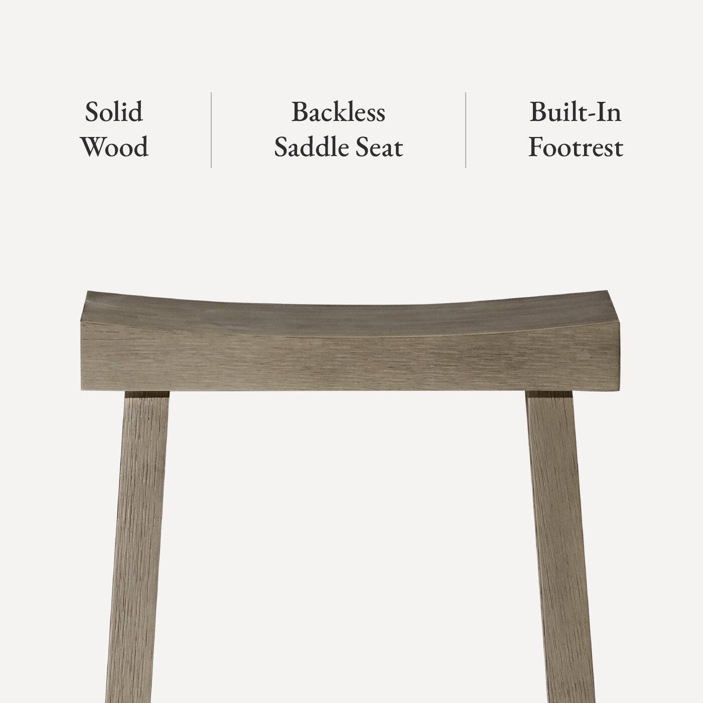 The corrected text is: "Solid Wood Backless Saddle Seat Built-In Footrest."