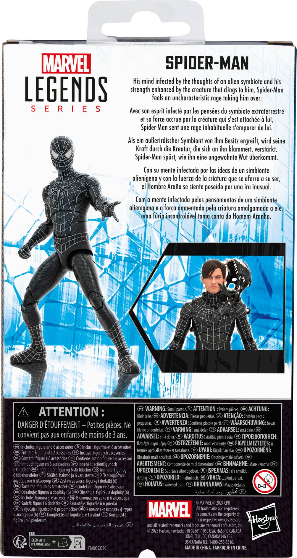The text on the image is in French, so I will provide a translation of the content.

The image features a box for a Marvel Legends Spider-Man figure. The box contains a Spider-Man figure with a symbiote attached to him, which enhances his strength and allows him to cling to surfaces. The box also includes a comic book featuring Spider-Man, who is experiencing an uncharacteristic rage due to the symbiote's influence. The box warns that it contains small parts, which may pose a choking hazard for children. The box also contains a picture of the Spider-Man figure and a description of the character.