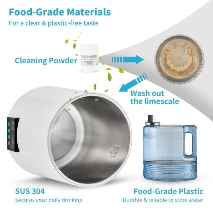 Food-Grade Materials  
For a clear & plastic-free taste

Cleaning Powder  
Wash out the limescale

SUS 304  
Secures your daily drinking

Food-Grade Plastic  
Durable & reliable to store water