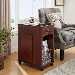 Loheer - Powered End Table Narrow Side Table with Charging Station Bedside Table with Wheels - Red Walnut