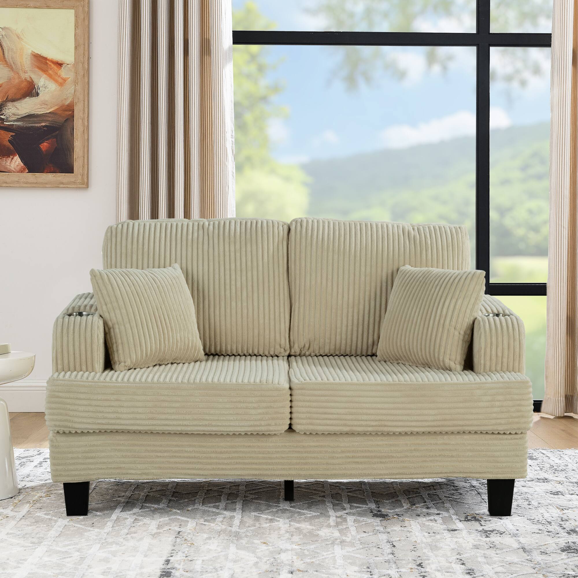 Left. Vaczon - Modern Fabric Loveseat with Cup Holders, Compact 2-Seat Sofa with Throw Pillows for Apartment and Living Room - Beige.