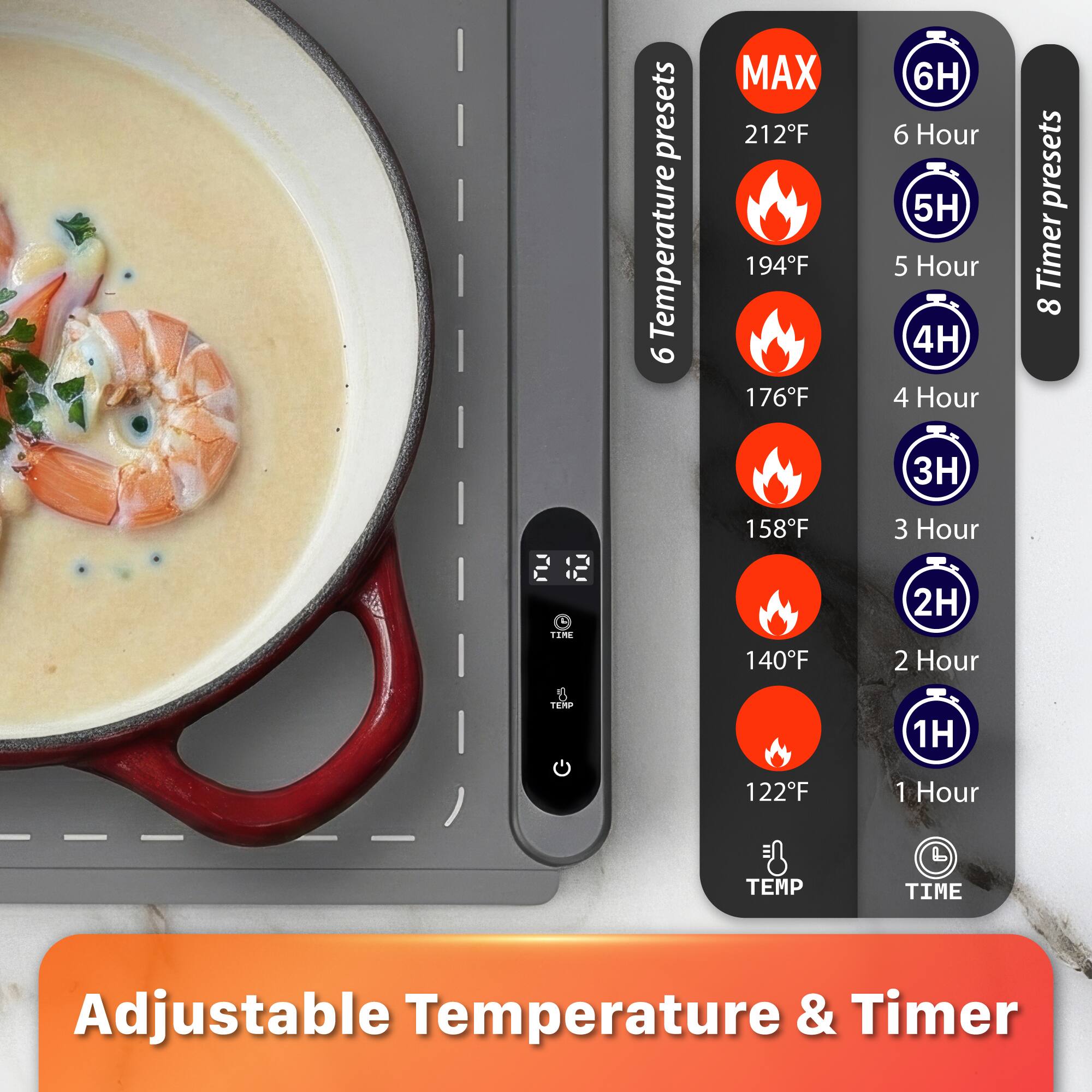 Adjustable Temperature & Timer

6 Temperature presets
- MAX 212°F
- 194°F
- 176°F
- 158°F
- 140°F
- 122°F

8 Timer presets
- 6 Hour
- 5 Hour
- 4 Hour
- 3 Hour
- 2 Hour
- 1 Hour