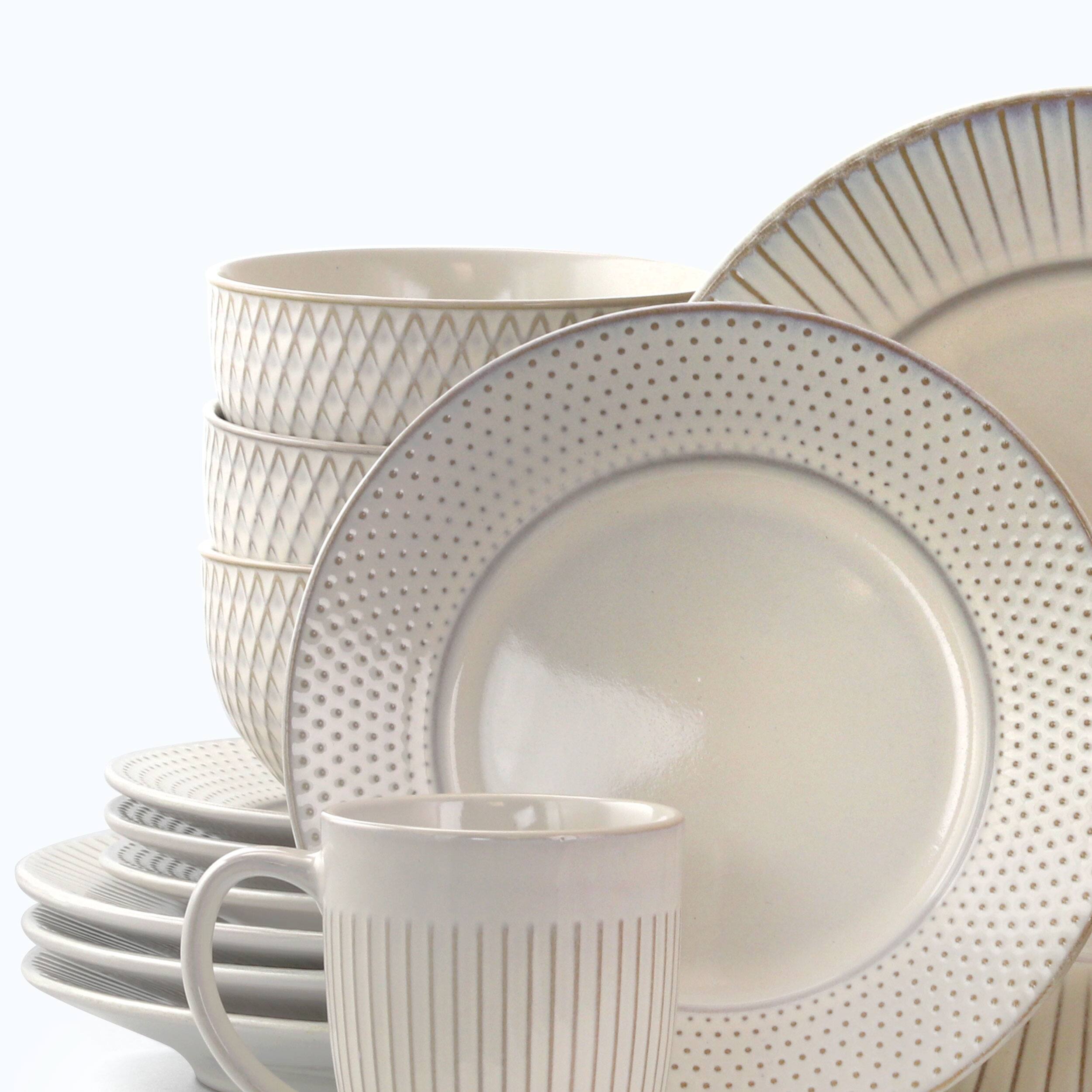 Alt View 3. Elama - Elama Market Finds 16 Piece Round Stoneware Dinnerware Set in Embossed White - White.