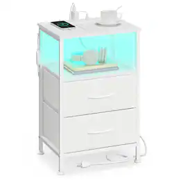 Songmics Home - Nightstand with Charging Station and App-Controlled Adjustable LED Lights, Bed Side Table, 2 Drawers and Open Shelf - Cloud White and Snow White