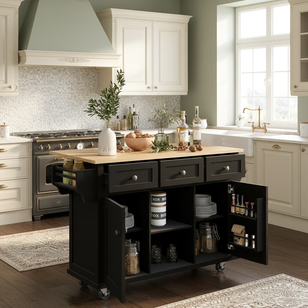 Forest'nSky - Kitchen Cart with Rubber Wood Drop-Leaf Countertop – 5 Wheels, Storage Cabinet, 3 Drawers & Internal Door Racks - Black