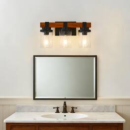 Boyel Living - 3 Light Matte Black And Wooden Wall Lamps With Glass Shades No Bulbs for Bathroom Or Bedroom