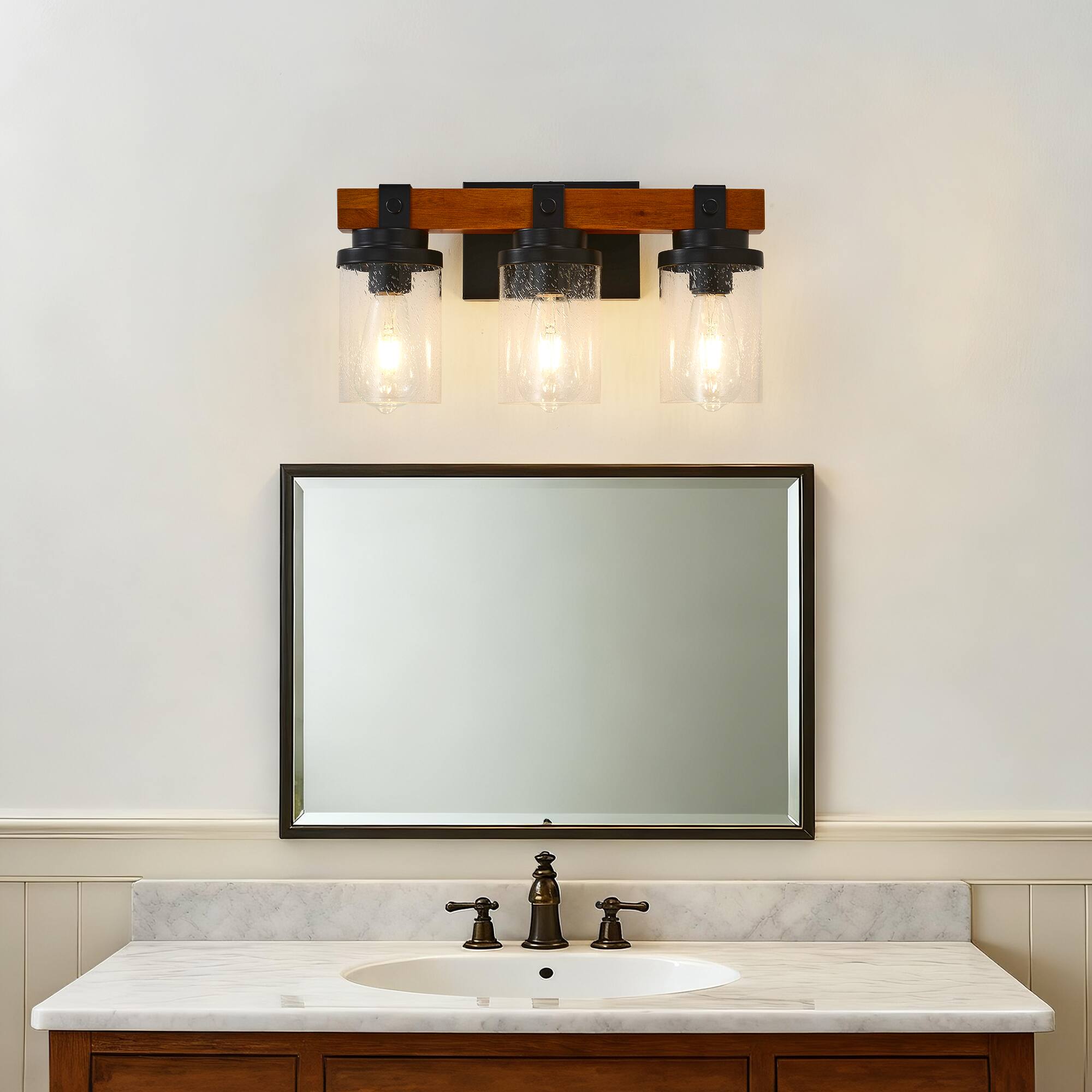 Angle. TinyHomie - 3 Light Matte Black And Wooden Wall Lamps With Glass Shades No Bulbs For Bathroom Or Bedroom.