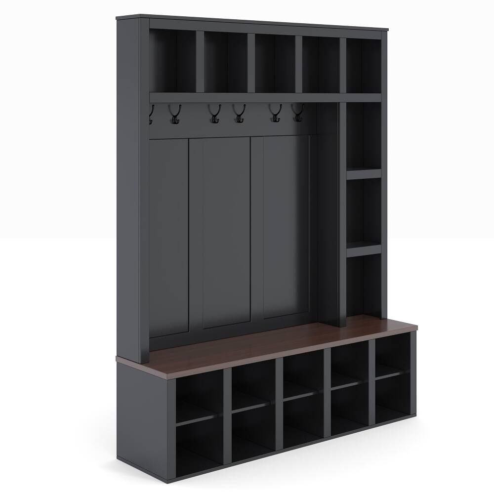 Alt View 4. Loheer - Loheer Farmhouse Wooden Hall Tree, 4-in-1 Entryway Shoe Cabinet, Walnut Storage Bench, 76.7"H - Black and Dark Walnut.