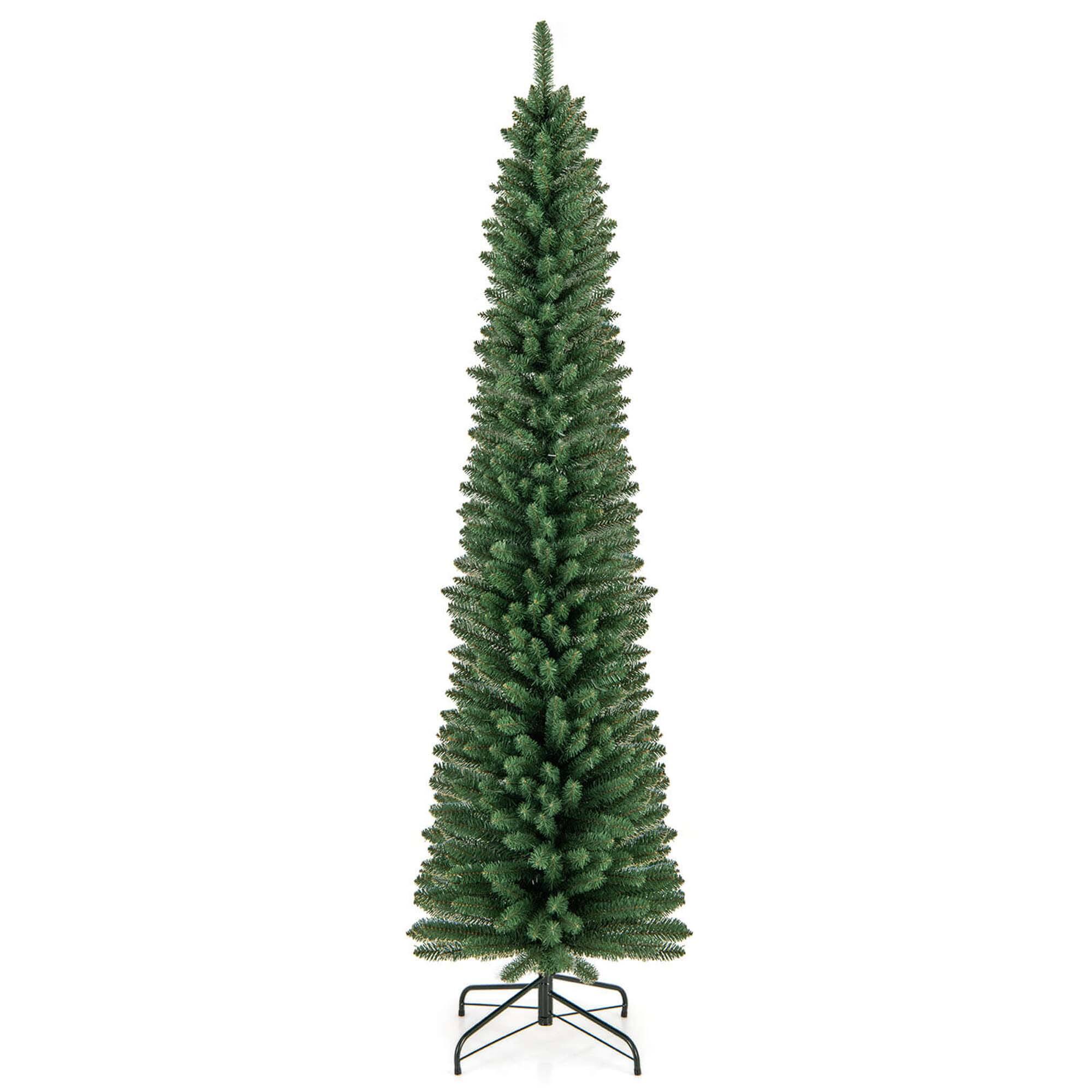 Costway - 7 FT Pencil Christmas Tree Artificial Xmas Tree with 523 Memory Wire Branch Tips - Green