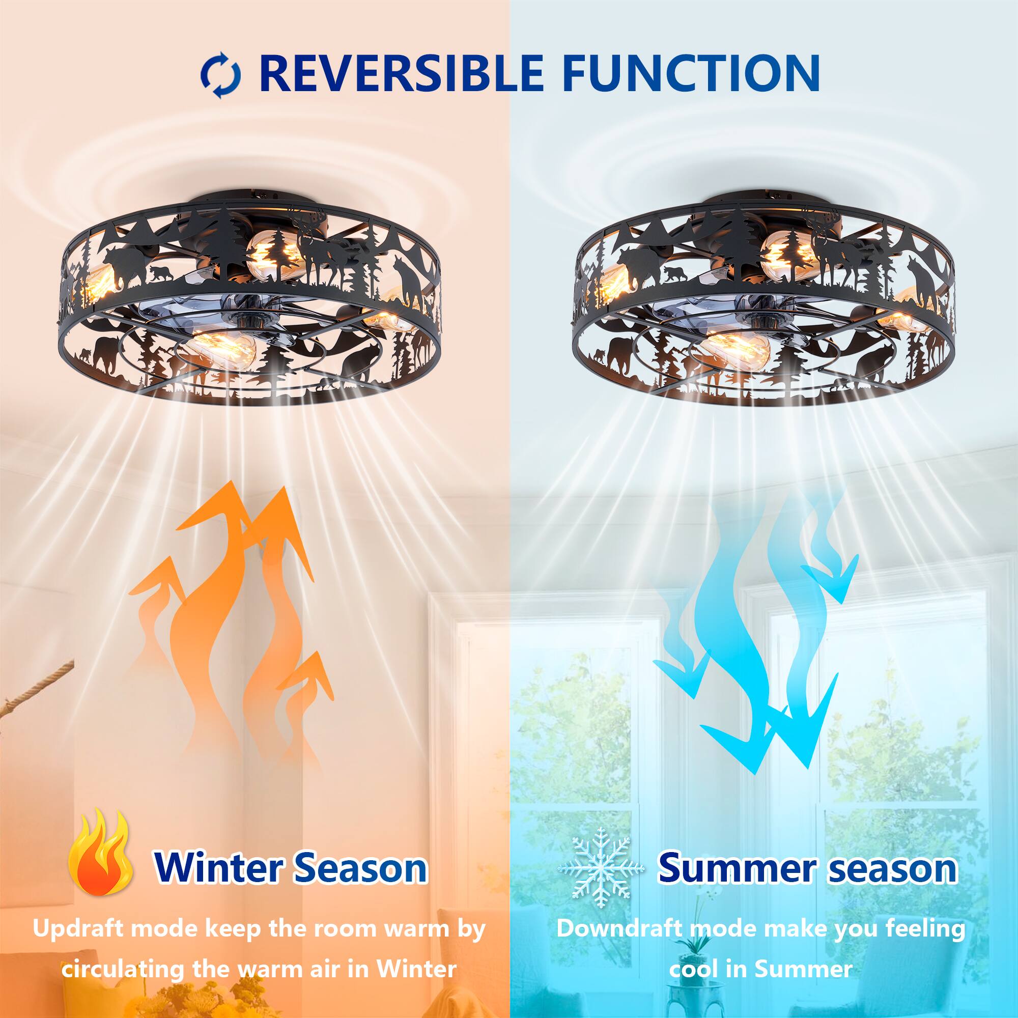 REVERSIBLE FUNCTION

Winter Season  
Updraft mode keeps the room warm by circulating the warm air in Winter

Summer Season  
Downdraft mode makes you feel cool in Summer