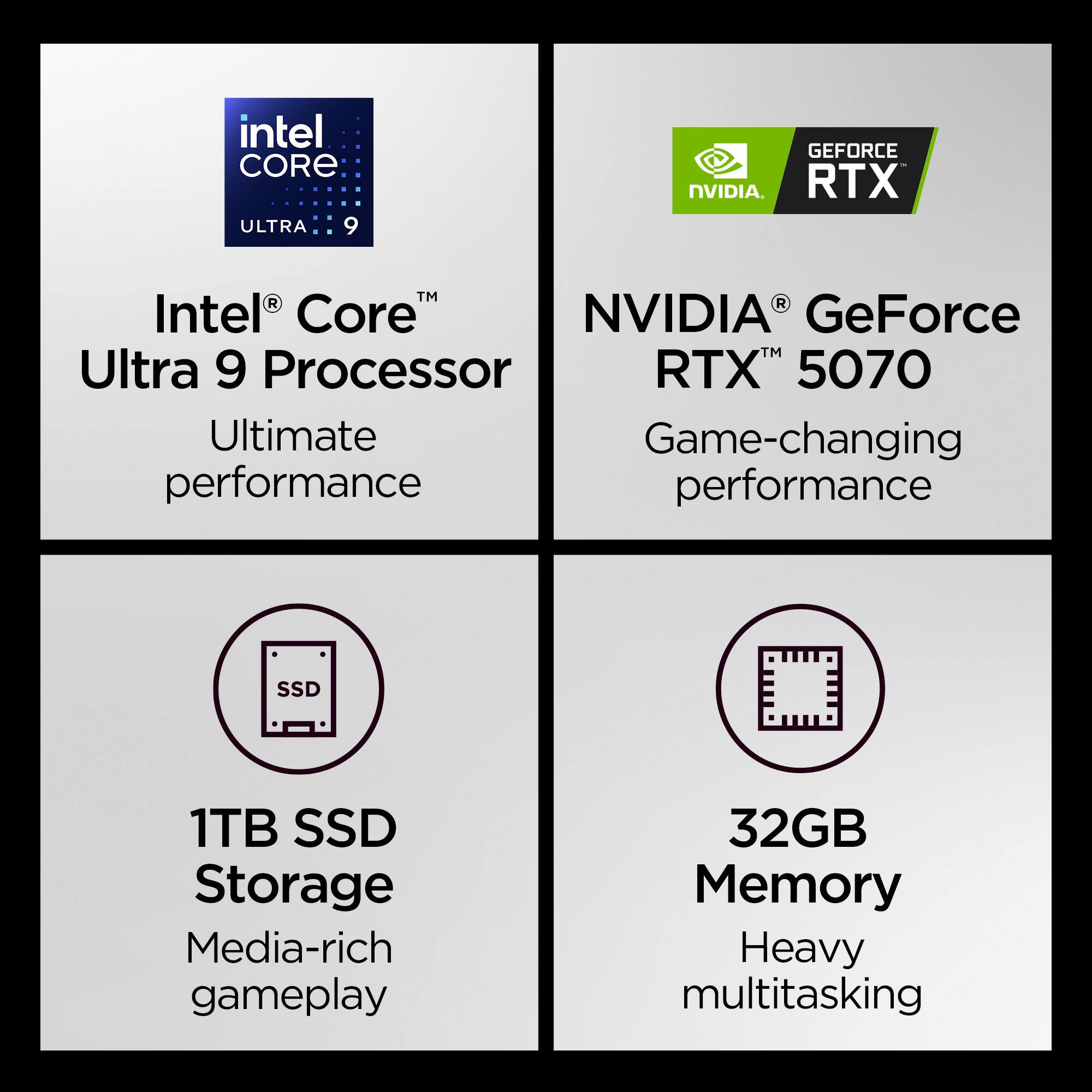 The text on the image can be grouped and corrected as follows:

Intel Core Ultra 9 Processor
Intel Core NVIDIA GeForce Ultra 9 Processor
Ultimate Game-changing performance
1TB SSD Storage
Media-rich gameplay
32GB Memory
Heavy multitasking