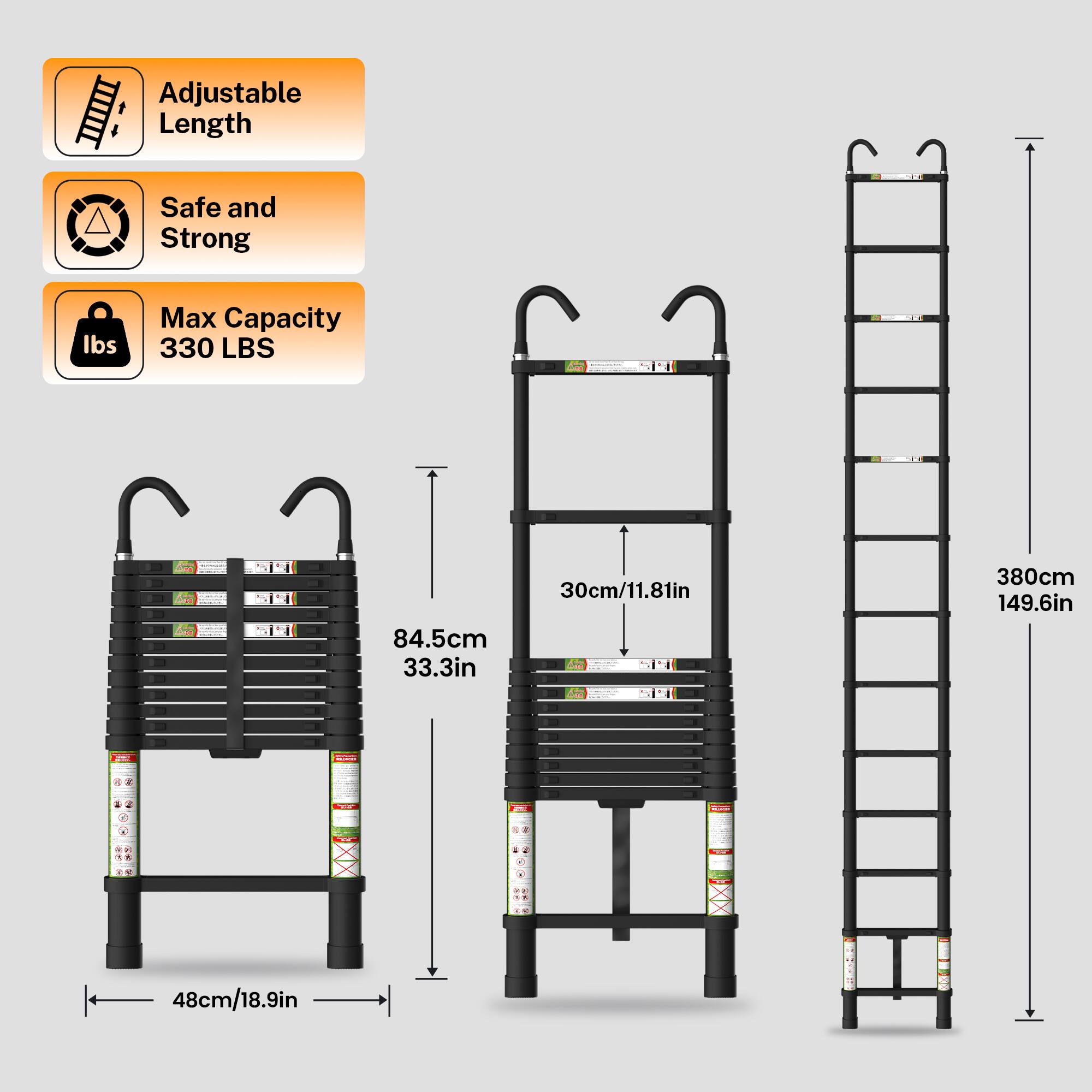 Adjustable Length  
Safe and Strong  
Max Capacity 330 LBS  

Dimensions:  
- Width: 48cm / 18.9in  
- Depth: 30cm / 11.81in  
- Height: 84.5cm / 33.3in  
- Total Height: 380cm / 149.6in