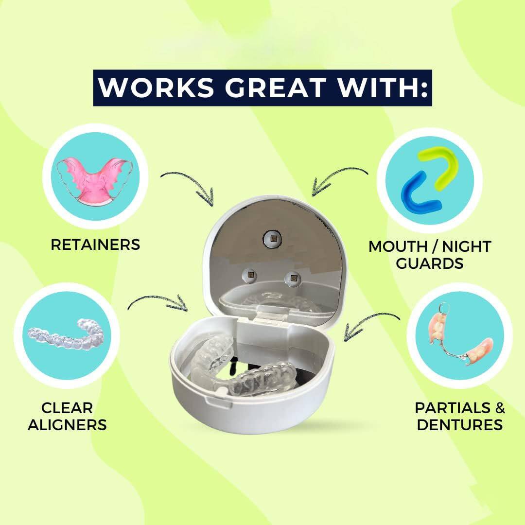 WORKS GREAT WITH: RETAINERS, MOUTH/NIGHT GUARDS, CLEAR ALIGNERS, PARTIALS & DENTURES