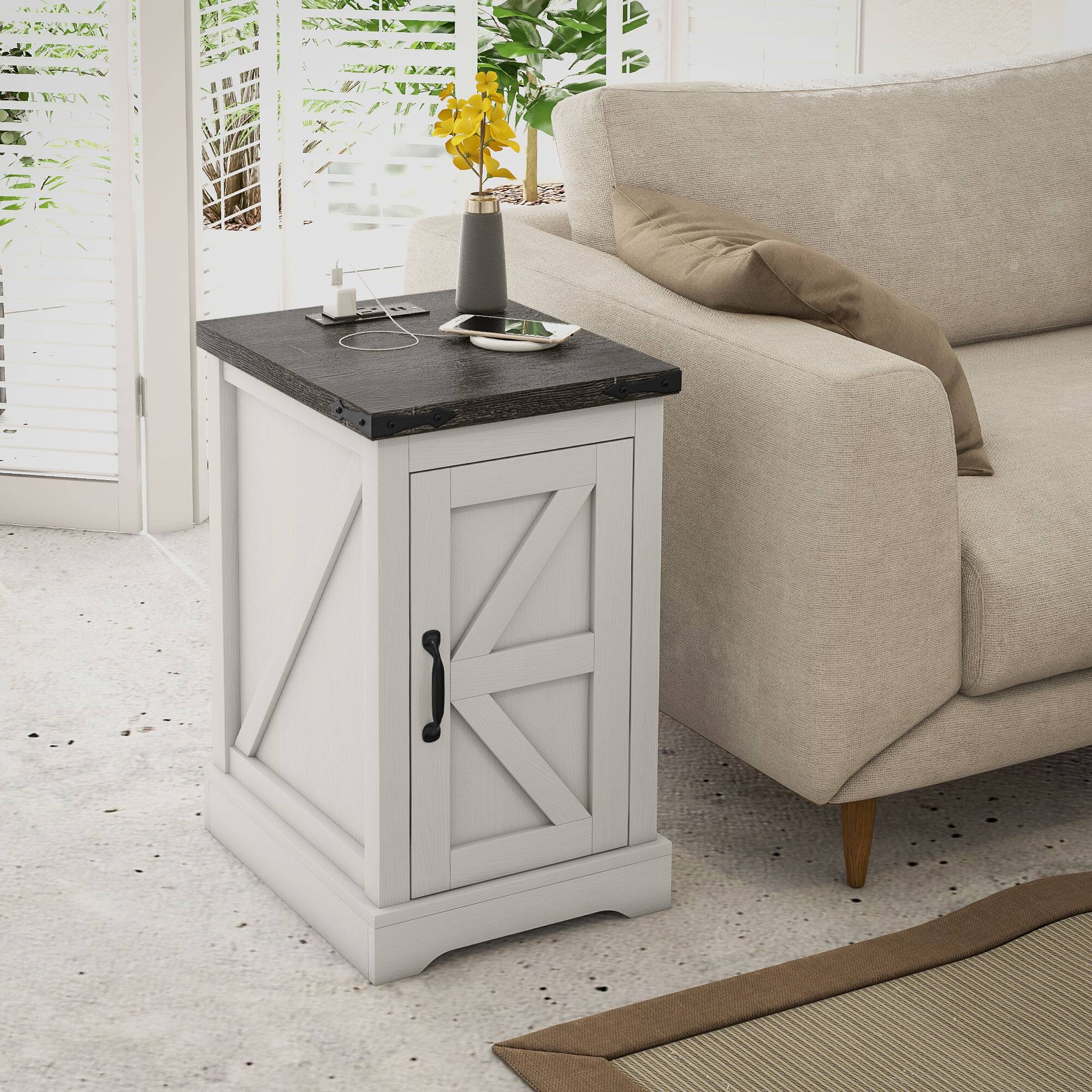 Alt View 1. Homcom - End Table with Storage, Side Table with Charging Station and USB Ports for Living Room - Distressed White.