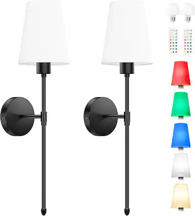 Front. Nordic Hygge - Battery Operated Wall Sconces Set of 2, Rechargeable Sconces Wall Decor with Remote, Black Sconce Wireless - Black.