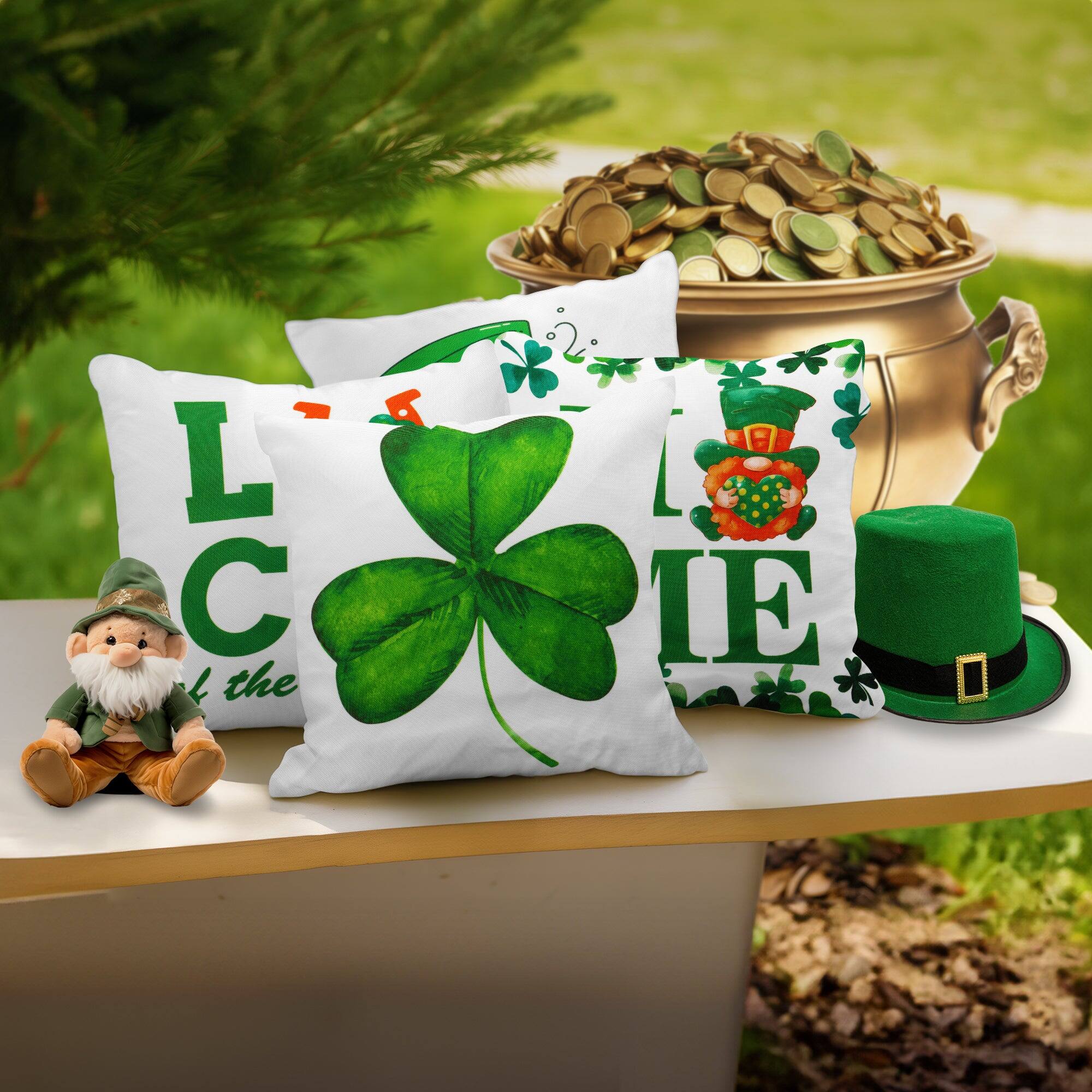 Alt View 1. G128 - St Patrick's Day Gnome and Shamrock Waterproof Throw Pillow Set, 18 x 18 in, Set of 4 with Inserts - Assorted Colors.