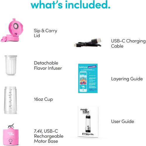 what's included.

- Sip & Carry Lid
- USB-C Charging Cable
- Detachable Flavor Infuser
- 16oz Cup
- 7.4V, USB-C Rechargeable Motor Base
- Layering Guide
- User Guide