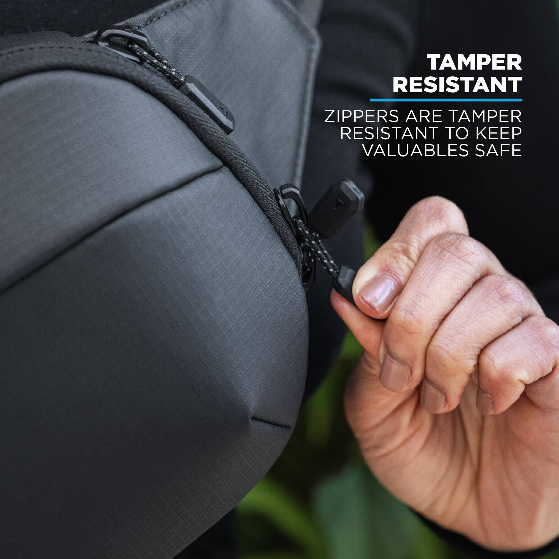 TAMPER RESISTANT  
ZIPPER ARE TAMPER RESISTANT TO KEEP VALUABLES SAFE