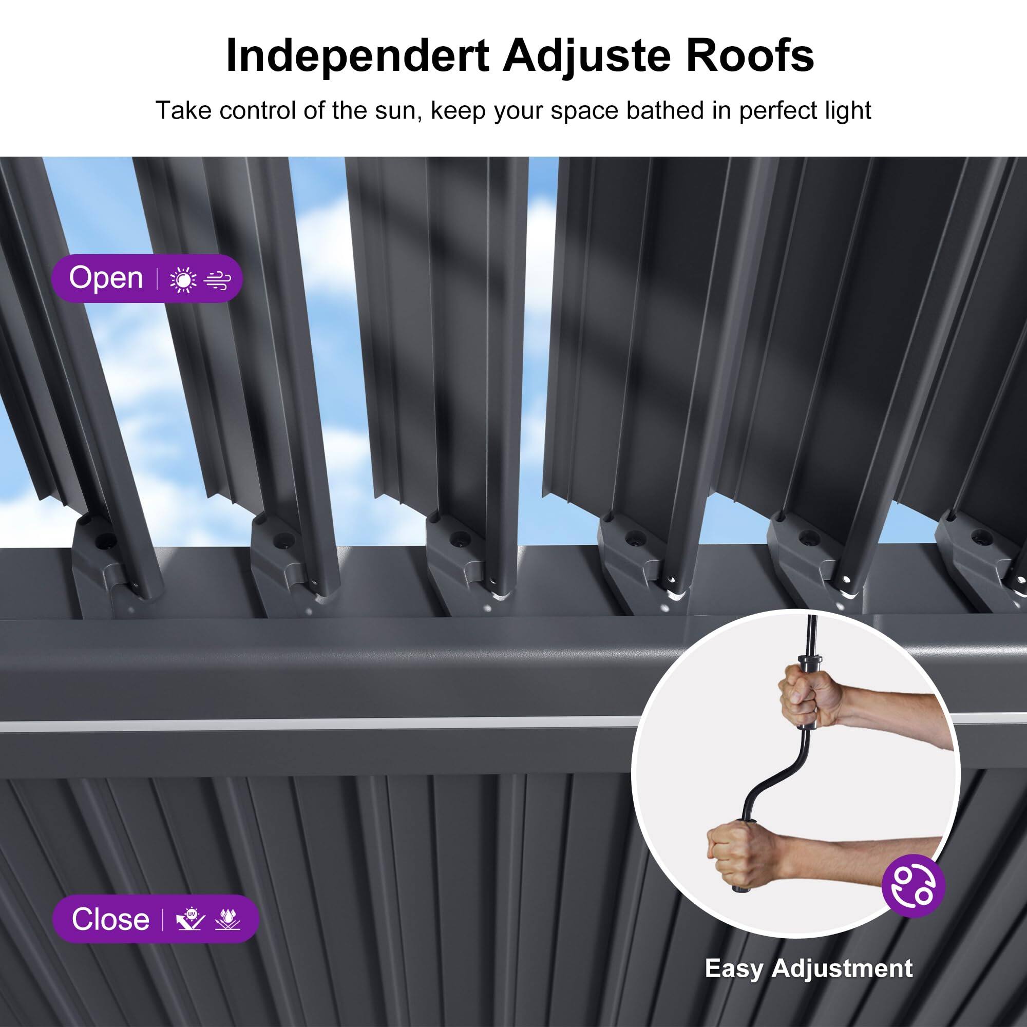 Independent Adjuste Roofs  
Take control of the sun, keep your space bathed in perfect light  

Open  
Close  

Easy Adjustment