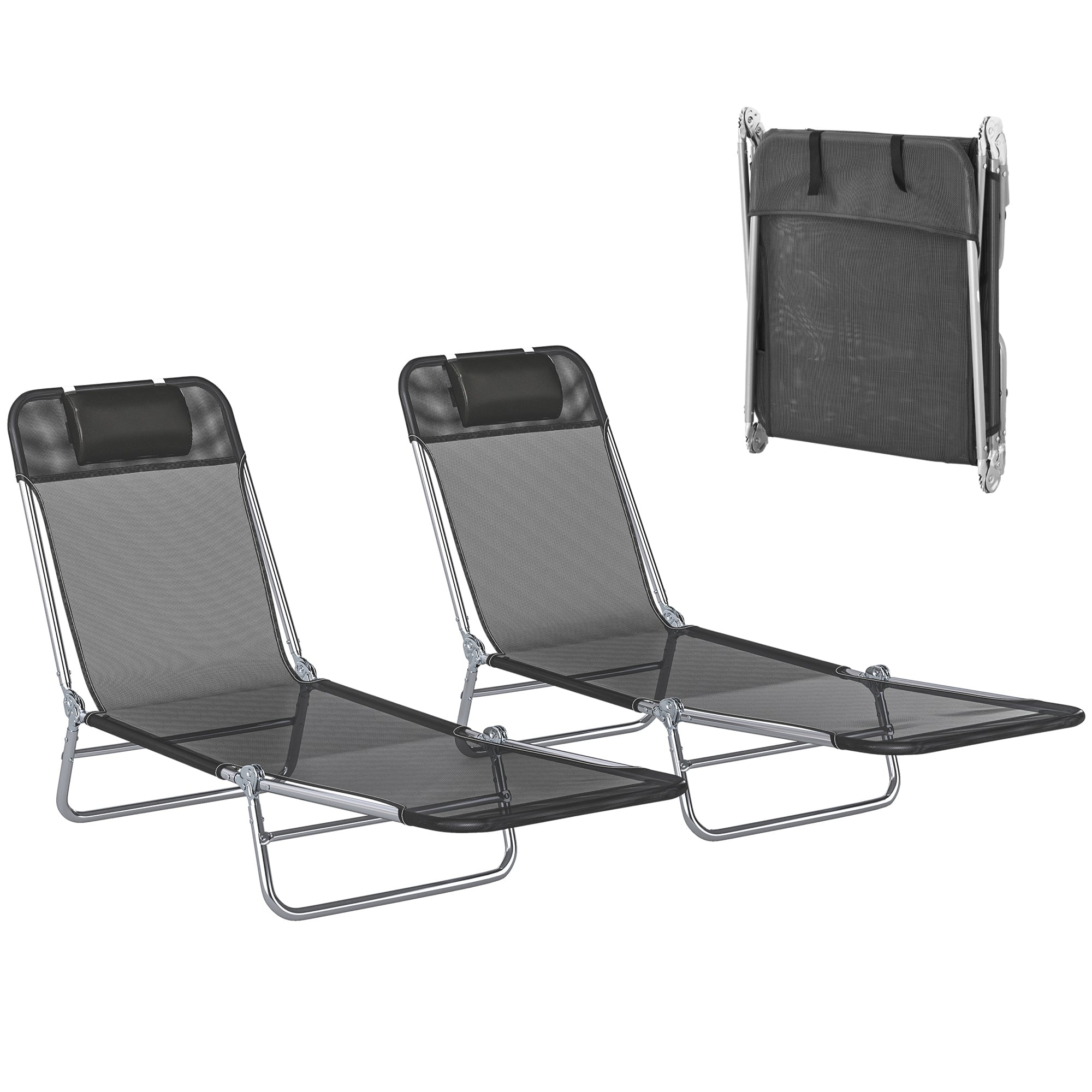 Outsunny - Piece Sun Loungers, Folding Chaise Lounge Chairs with Reclining Back, Breathable Mesh Seat - Black
