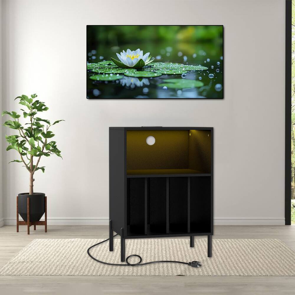 Hivvago - Record Player Table with Integrated LED Lights and Convenient Charging Ports - Black