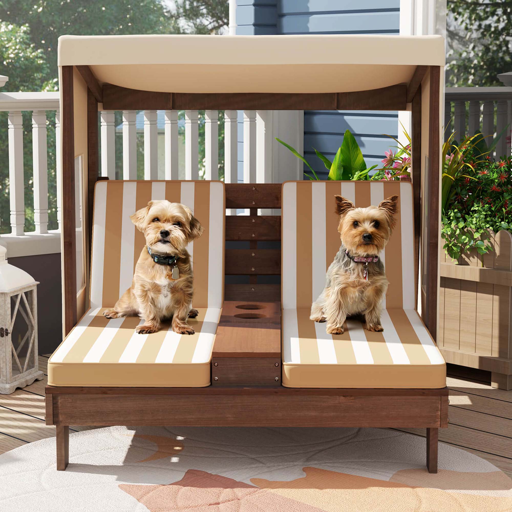 Alt View 4. Costway - Kids Double Chaise Lounge Patio Lounge Chair with Cup Holders & Awning - Brown + Natural.