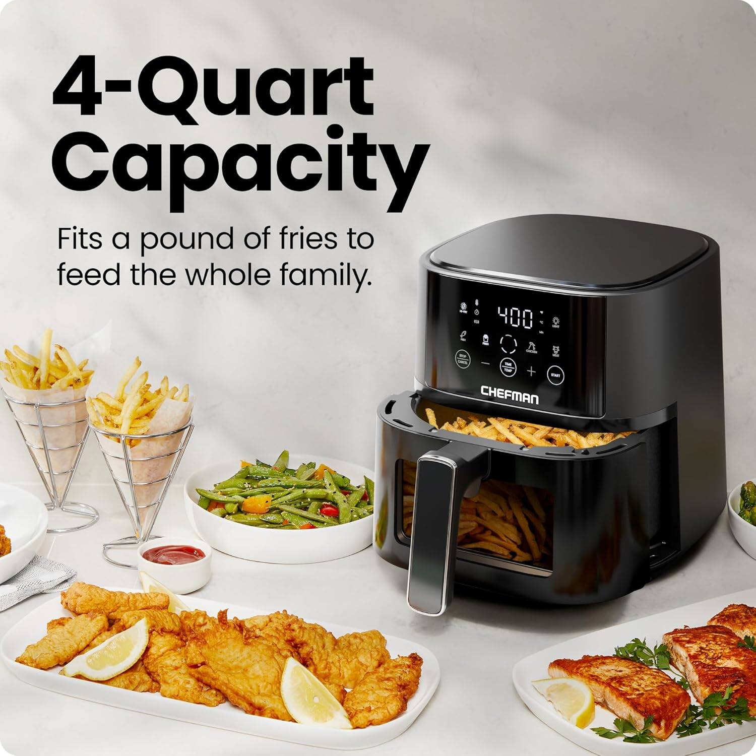 4-Quart Capacity  
Fits a pound of fries to feed the whole family.