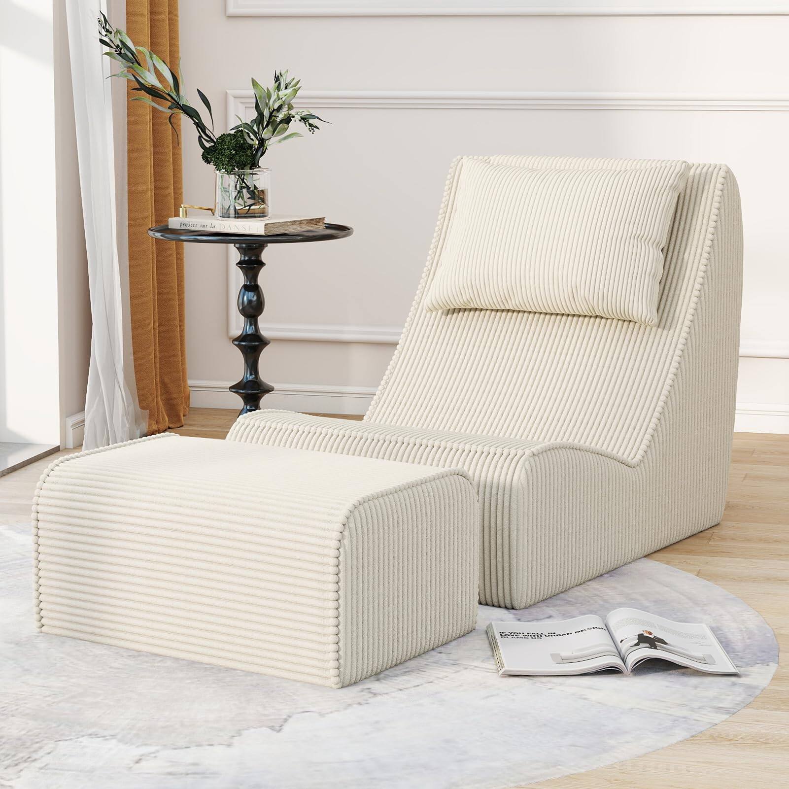 Front. Fabibe - Giant Bean Bag Chair for Adults,Corduroy Chaise Lounge with Unrivaled Back Support, Detachable Neck Pillow, Comfortable - White.