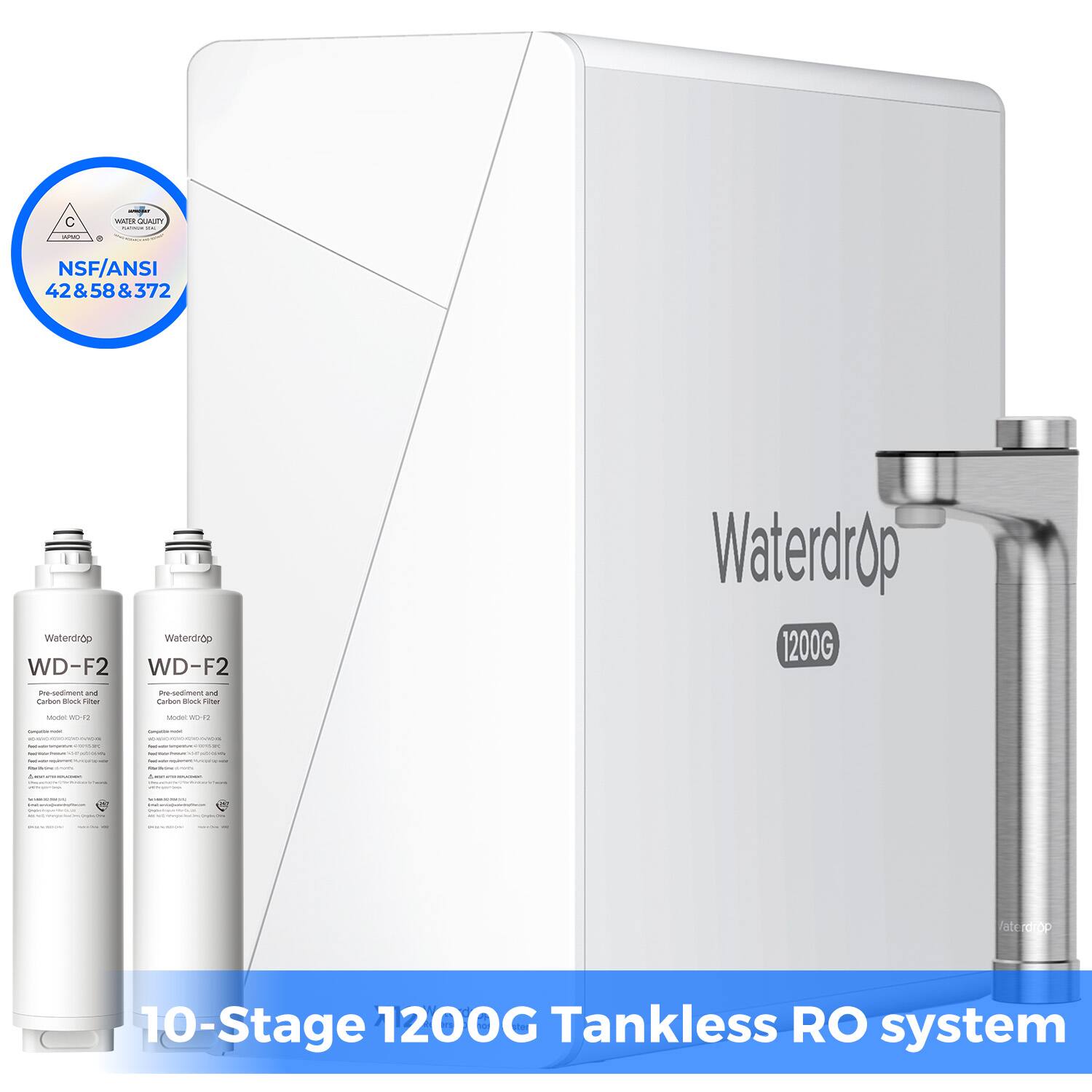 C - GUALEY a NSF/ANSI 42&58&372 42 & 58 372 Waterdrop Weterdrop WD-F2 WD-F2 Waterdrop 1200G -gmana und oe Bock imhar ant 1 Curtuan alork F - wo.rE  ! .. atrdrop 10-Stage 1200G Tankless RO system