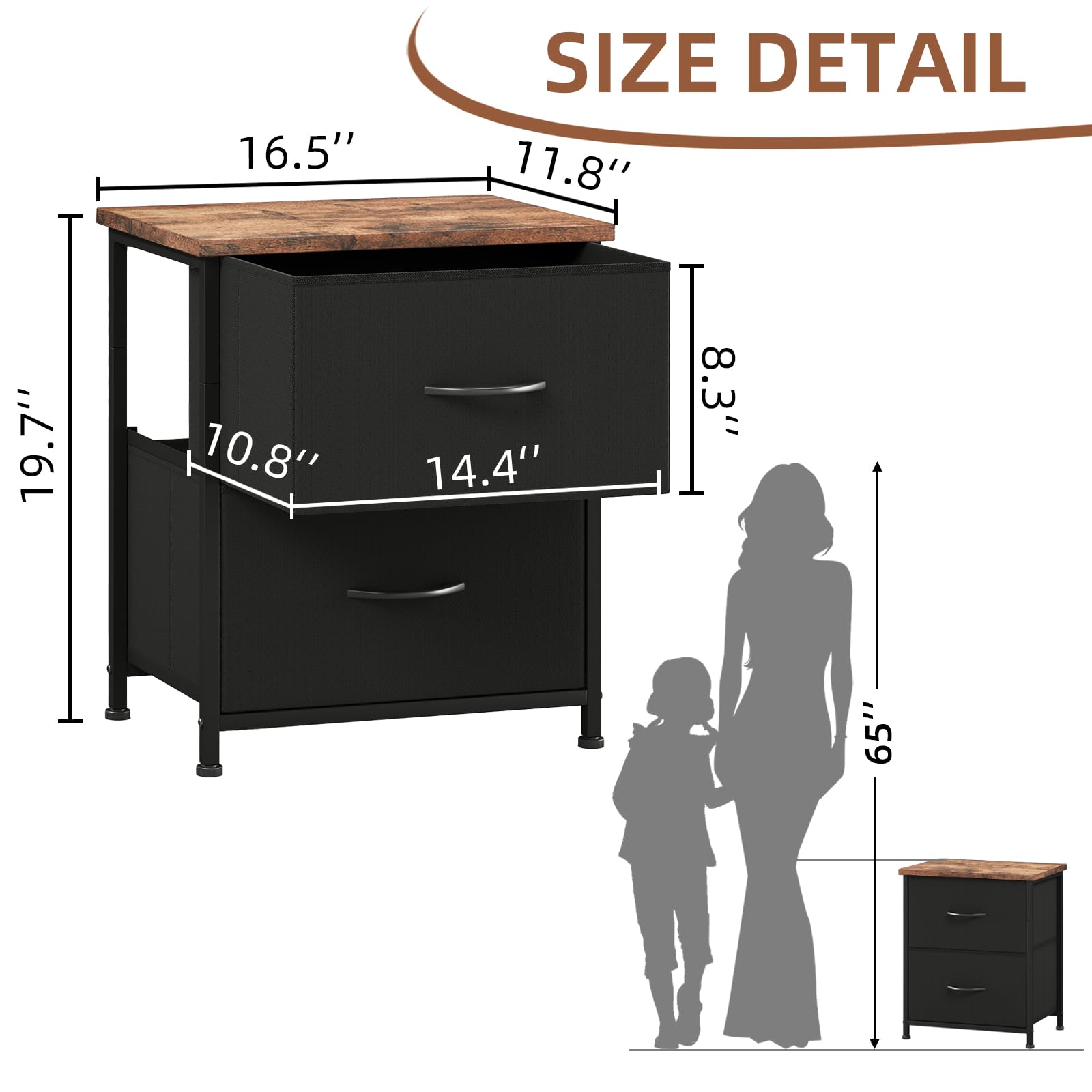 Sure, here is the corrected and grouped text from the image:

**SIZE DETAIL**

- **Tabletop:**
  - Length: 16.5"
  - Depth: 11.8"
  - Height: 7.8"

- **Cabinet:**
  - Width: 19.7"
  - Depth: 10.8"
  - Height: 8.3"

- **Drawer:**
  - Width: 14.4"

- **Overall Height:**
  - 65"