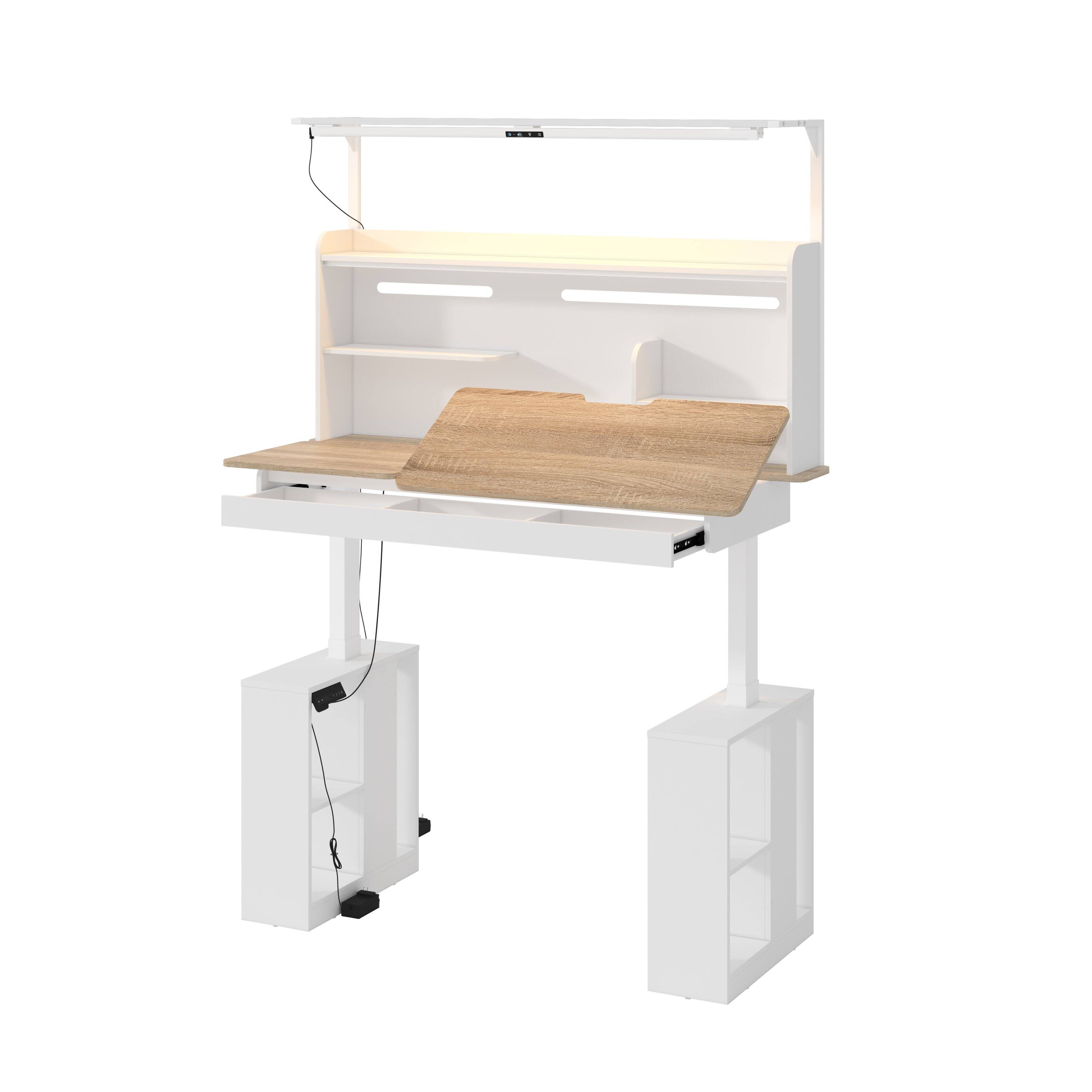 Alt View 4. Famapy - Electric Standing Desk with Flip-Up Desktop, LED Eye-Care Light, Storage, 170 LBS, 29.8"-45.3", Study Workstation - White & Wooden.