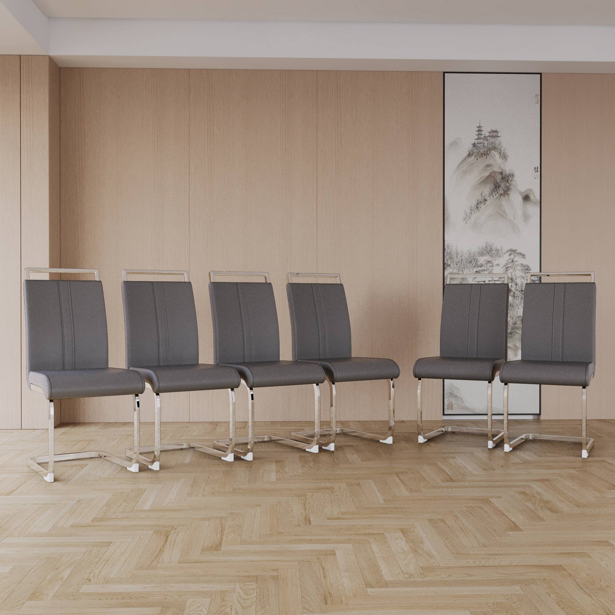 Alt View 5. TinyHomie - Set of 4 Grey PU Leather High Back Dining Chairs C-Shaped Metal Legs - gray.