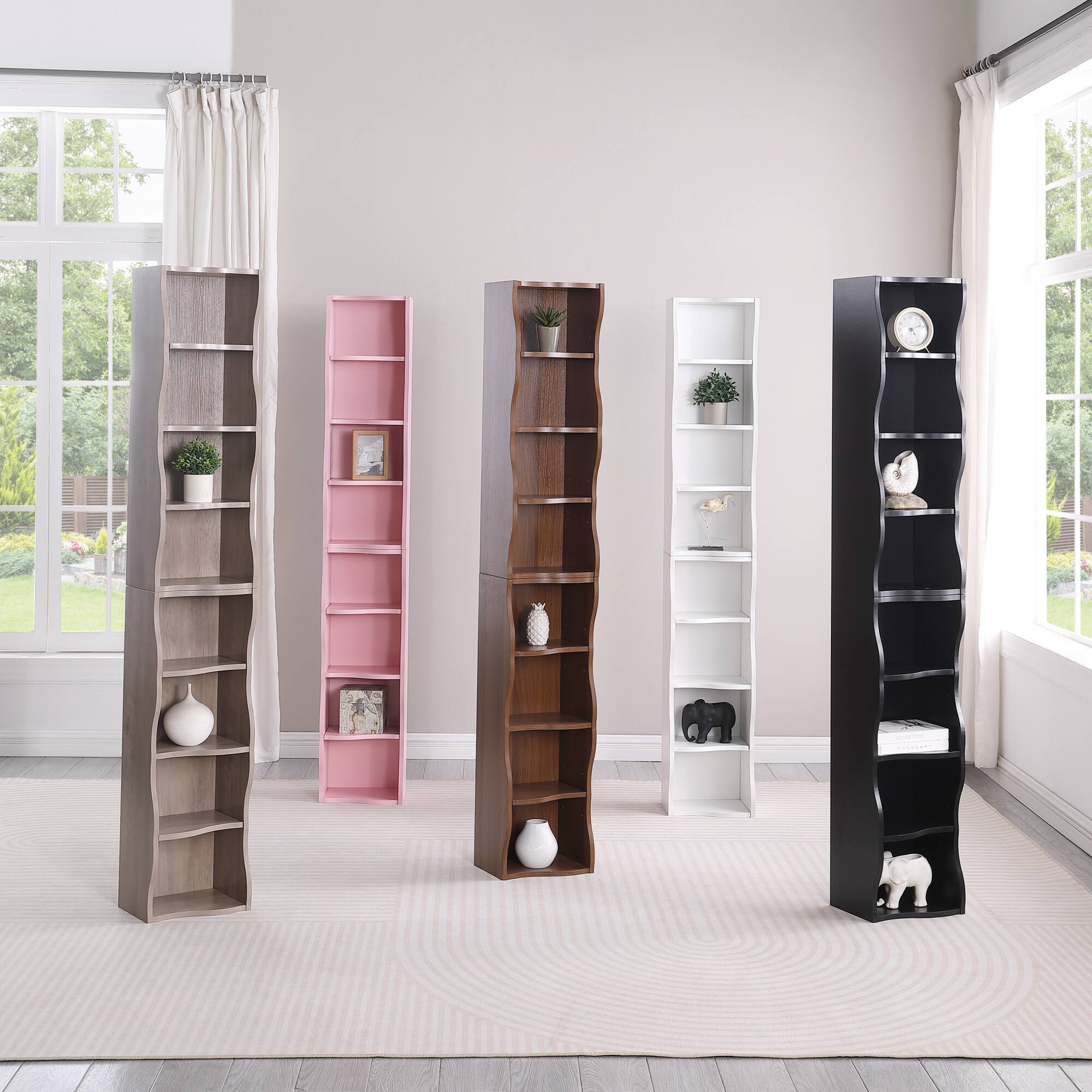 Alt View 4. GOODSILO - Ultra-Thin Adjustable Shelf Bookcase with Wavy Border Design for Home and Office Storage Solutions - White.