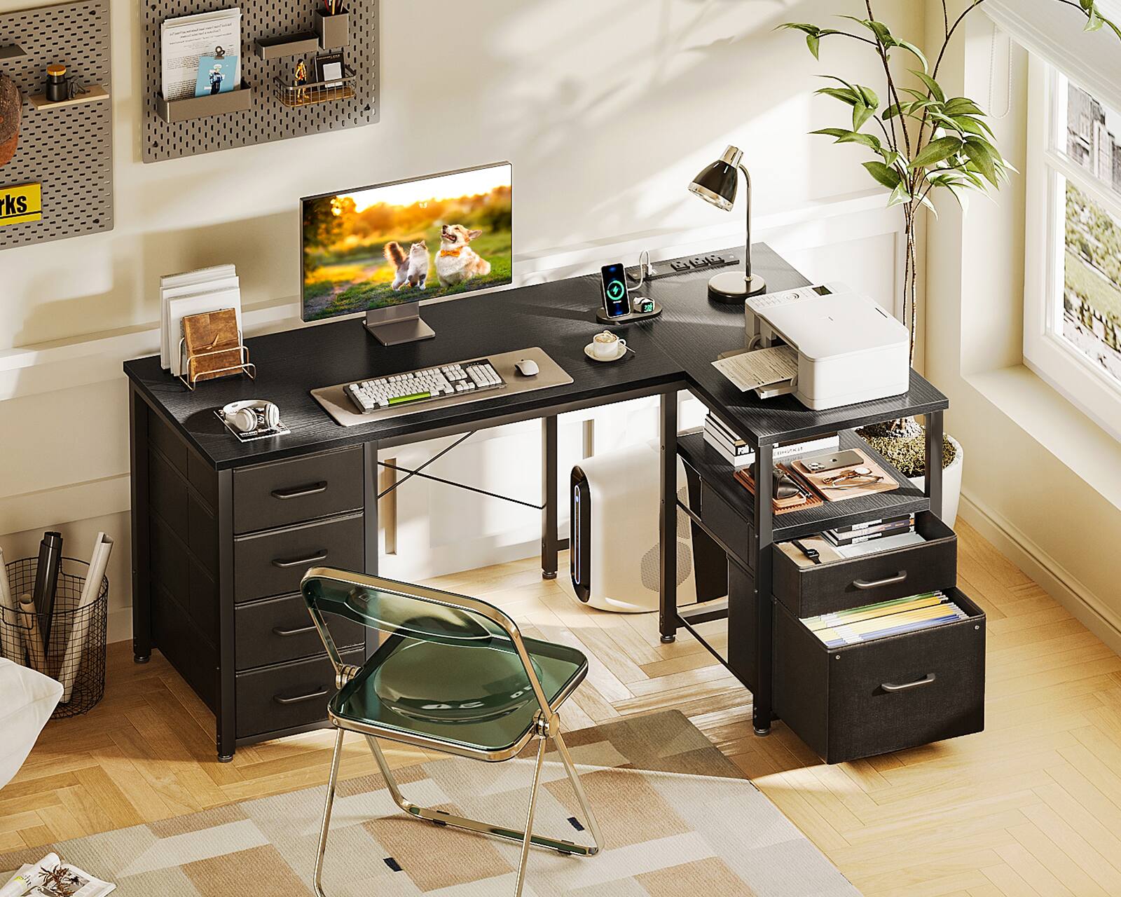 Alt View 2. AODK - Reversible L Shaped Desk with 5 Drawers & File Drawer, Computer Table with Power Outlet and Open Storage Shelf - Black.