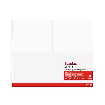 Staples  
Unruled Glue-Top Writing Pads  
Miri Size  
White  
Standard Weight  
100 Sheets  
12 in x 3 in  
7.6 cm x 12.7 cm  
1 Pad  
ST57327