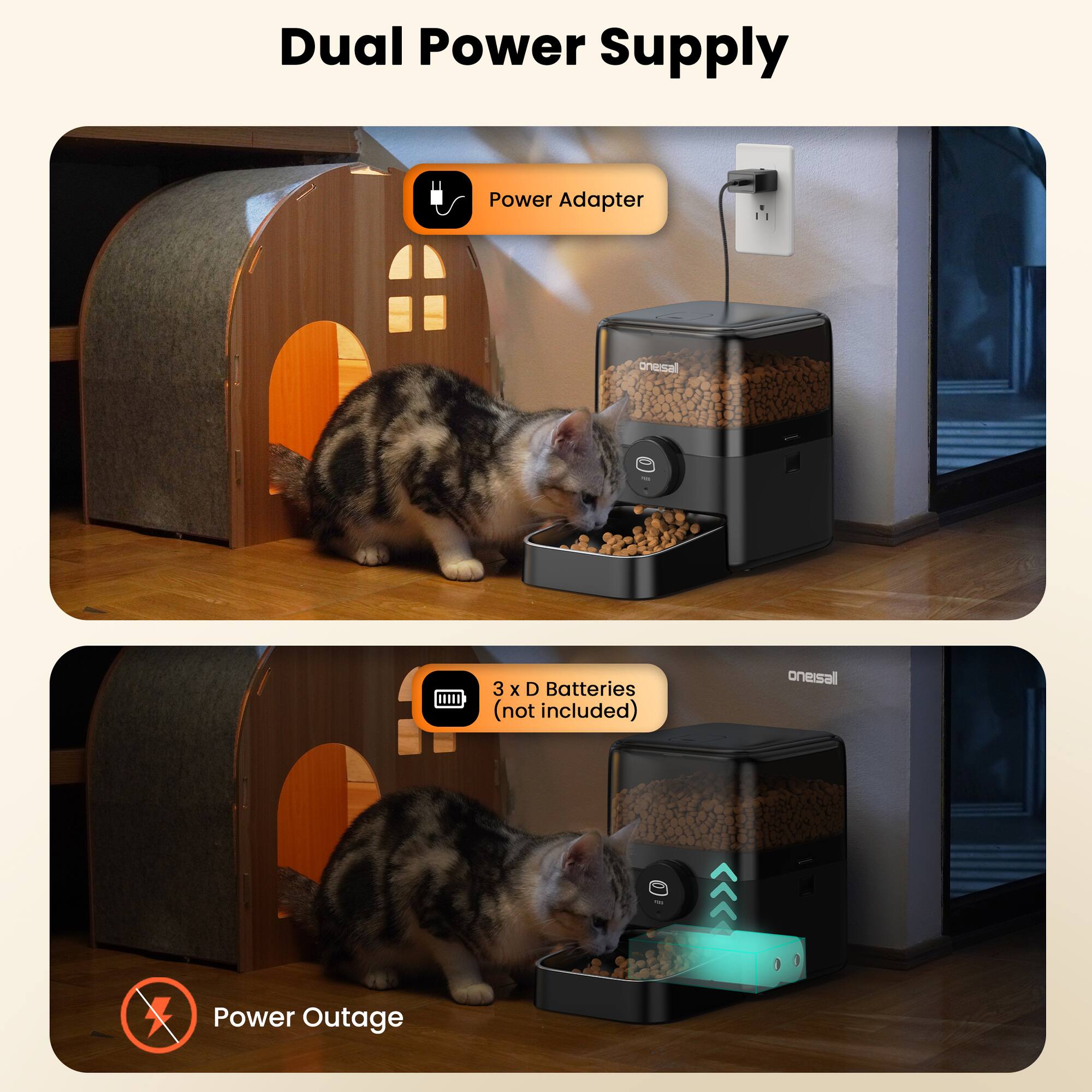 Dual Power Supply

Power Adapter

3 x D Batteries (not included)

Power Outage
