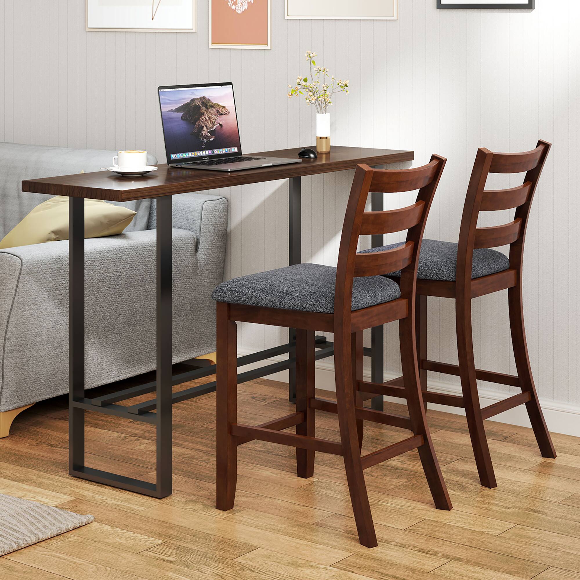 Alt View 1. Gymax - Gymax Wood Bar Stools Set of 4 Counter Height Chairs w/ Faux Leather Upholstered Seat - Espresso, Gray.