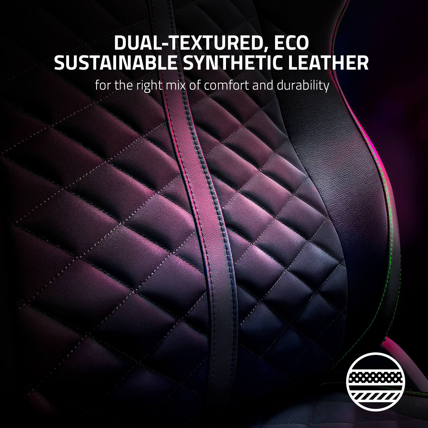DUAL-TEXTURED, ECO SUSTAINABLE SYNTHETIC LEATHER  
for the right mix of comfort and durability