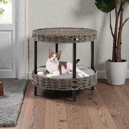 BreeBe - Two-Level Woven Rattan Cat Bed with Soft Detachable Padding - Gray