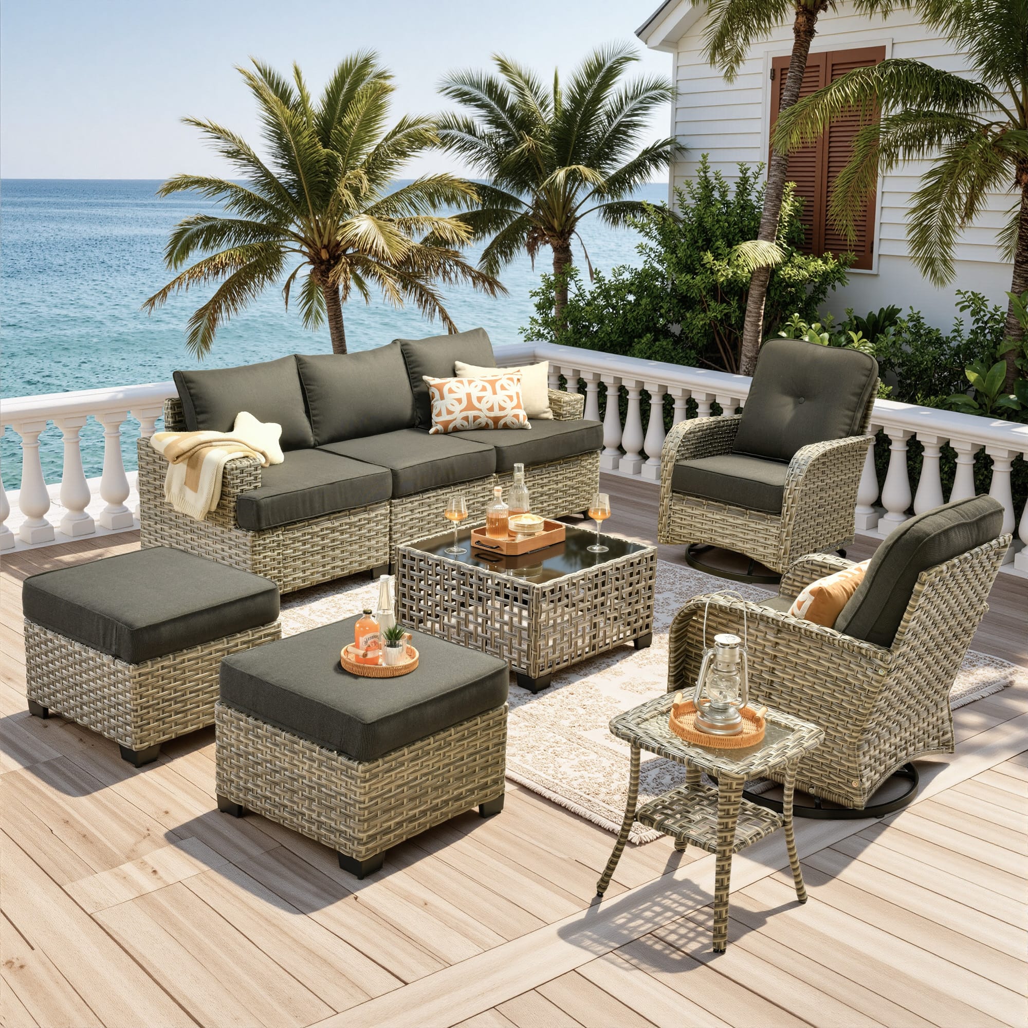 Ovios - 9 PCS Patio Furniture Set Sectional Sofa with Swivel Rocking Chairs and Coffee Table - Black