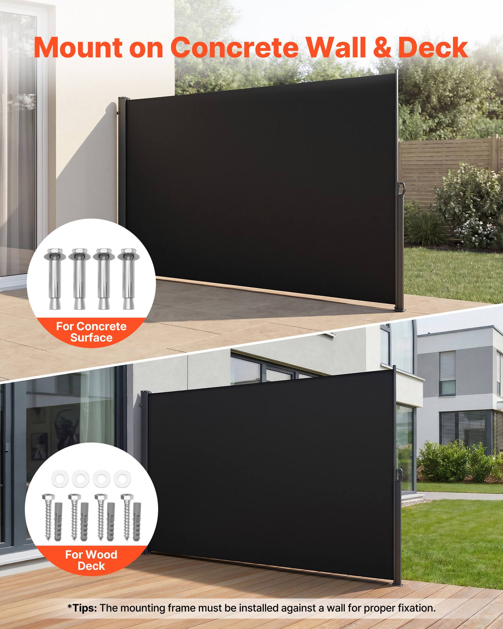 Mount on Concrete Wall & Deck

For Concrete Surface

For Wood Deck

*Tips: The mounting frame must be installed against a wall for proper fixation.