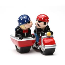 Pacific Trading - Husband and Wife Biker Motorcycle and Sidecar Ceramic Magnetic Salt and Pepper Shakers Set - Multicolor