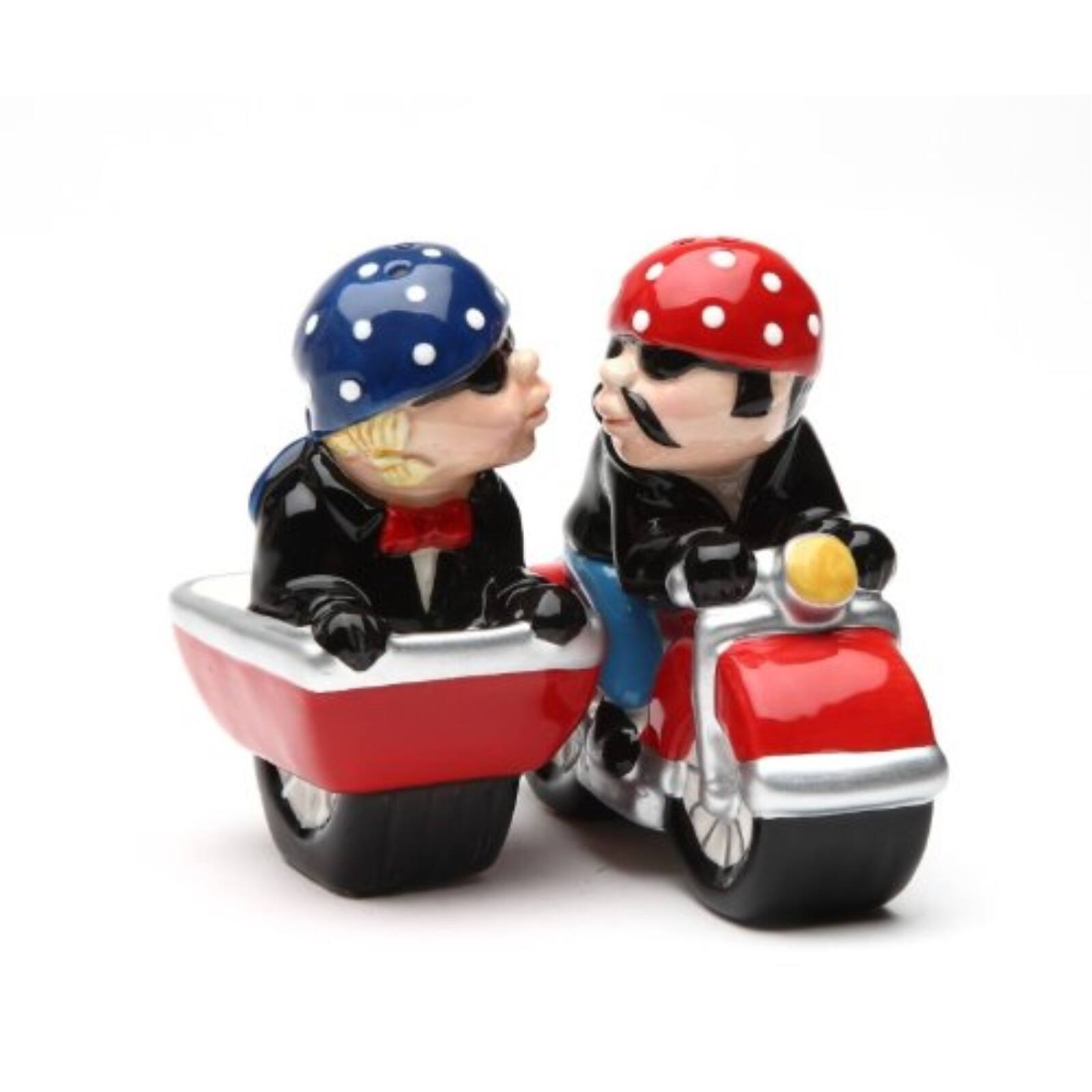 Front. Pacific Trading - Husband and Wife Biker Motorcycle and Sidecar Ceramic Magnetic Salt and Pepper Shakers Set - Multicolor.